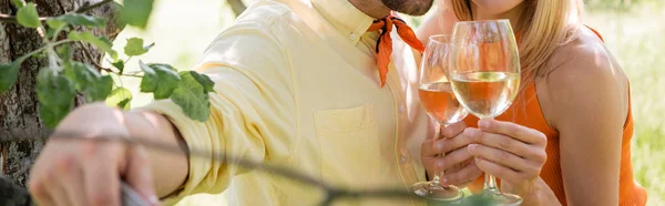 Cropped view of couple holding glasses of wine in summer park, banner — Stock Photo