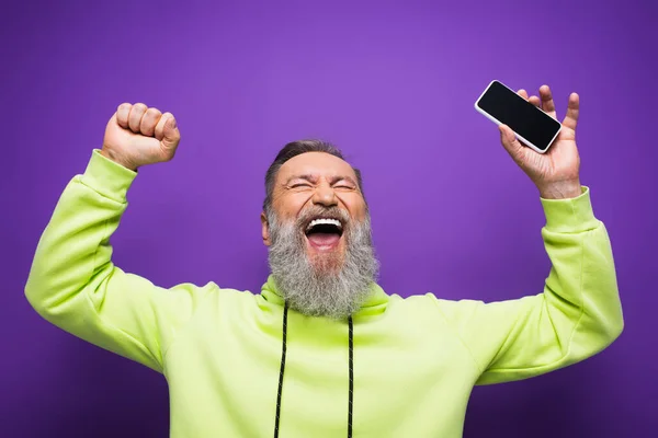 Hombre senior excitado con barba y cabello gris sosteniendo teléfono inteligente con pantalla en blanco en púrpura - foto de stock