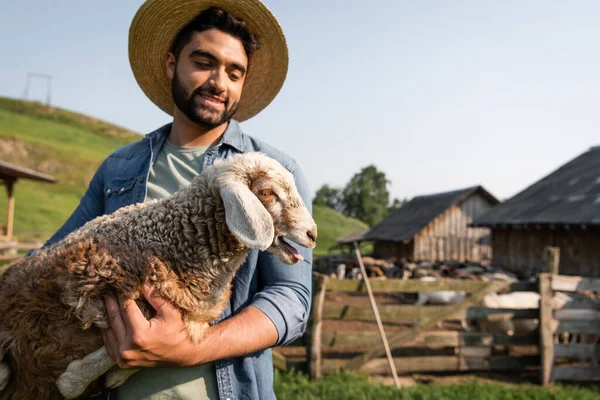 Bearded farmer in straw hat holding lamb on cattle farm in countryside — Stock Photo