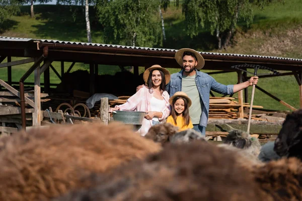 Family in straw hats smiling near corral and livestock on blurred foreground — Stock Photo