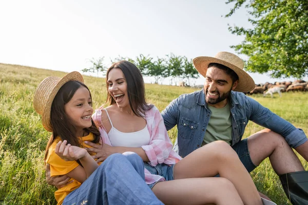 Glückliche Bauernfamilie lacht, während sie auf der grünen Weide im Grünen sitzt — Stockfoto