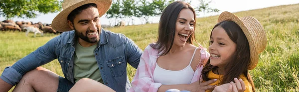 Donna eccitata ridere vicino figlia e marito in cappelli di paglia in campo verde, striscione — Foto stock