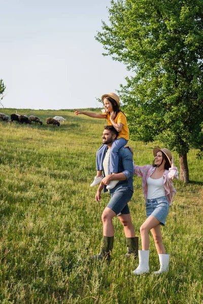 Vista lateral de mujer feliz caminando cerca marido piggybacking hija en verde campo - foto de stock