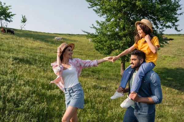 Cheerful farmer piggybacking daughter near wife in green field on summer day — Foto stock