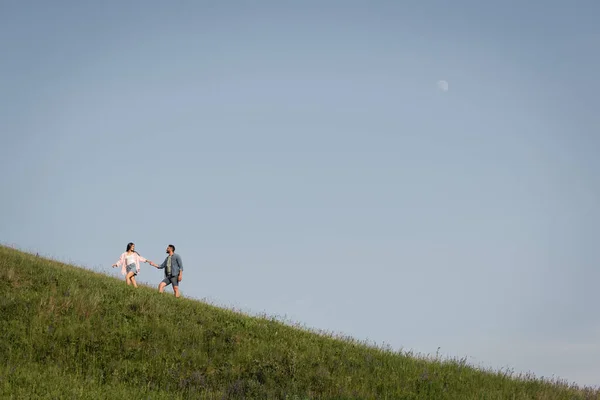 Вид издалека на пару, держащуюся за руки и идущую по зеленому холму под голубым небом — стоковое фото
