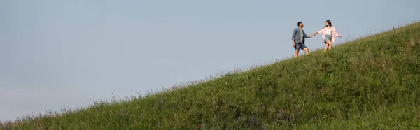 Romantic couple holding hands while walking on grassy slope, banner — Stock Photo