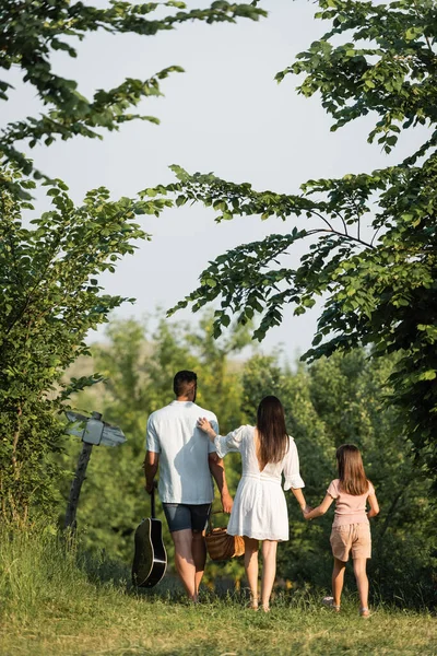 Back view of family with wicker basket and acoustic guitar walking in countryside - foto de stock