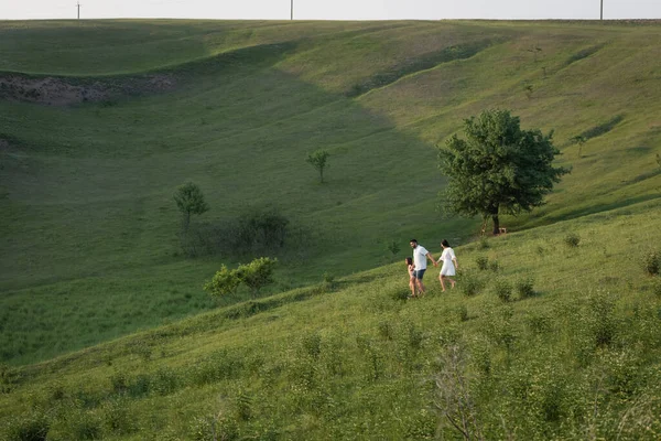 Afar view of couple walking with daughter in hilly meadow on summer day — Foto stock