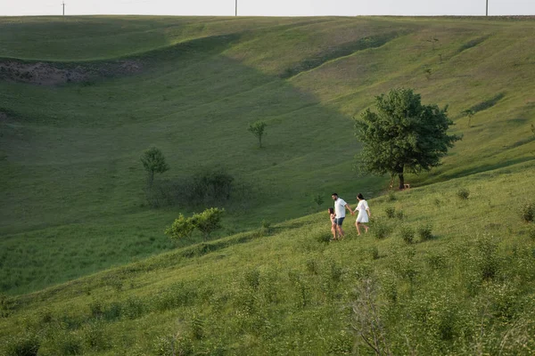 Afar view of couple walking with daughter in hilly meadow on summer day — Fotografia de Stock