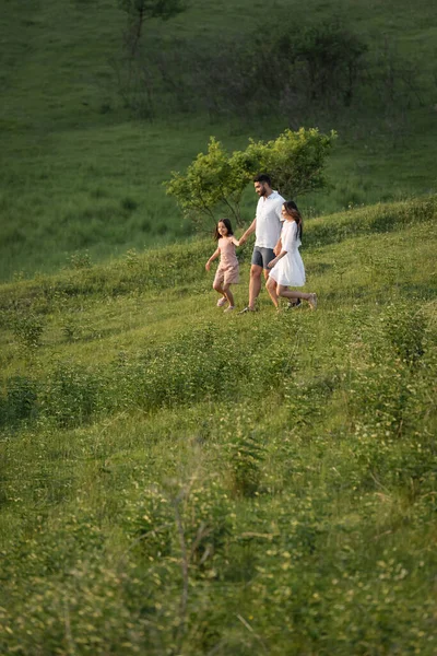 Family holding hands while walking on picturesque hill in countryside — Foto stock