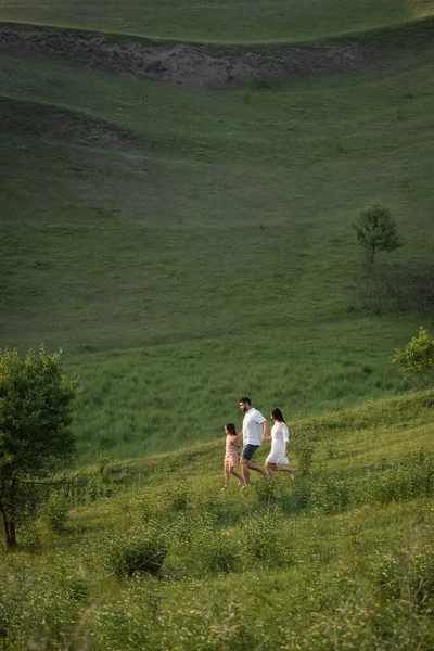 View from afar on family holding hands while walking on grassy slopes - foto de stock