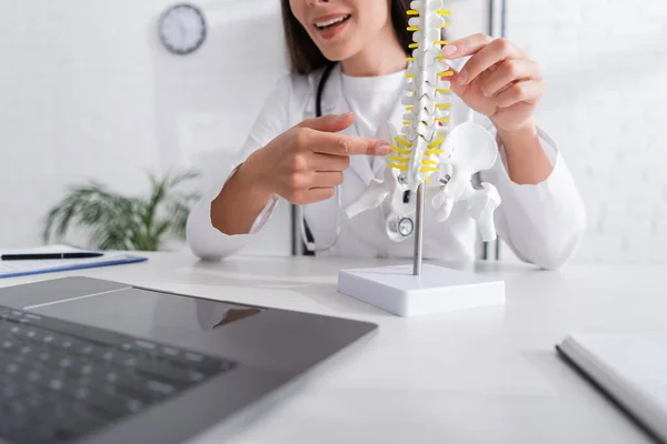 Vista ritagliata del medico positivo che punta al modello spinale durante la videochiamata sul computer portatile in clinica — Foto stock