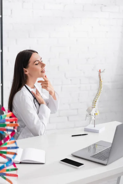 Médico apuntando a la barbilla durante la videollamada en el portátil cerca de la columna vertebral y los modelos de ADN en la clínica - foto de stock