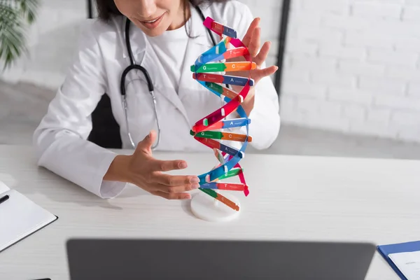 Vista ritagliata del medico che tiene il modello di DNA durante la consultazione online sul computer portatile in clinica — Foto stock