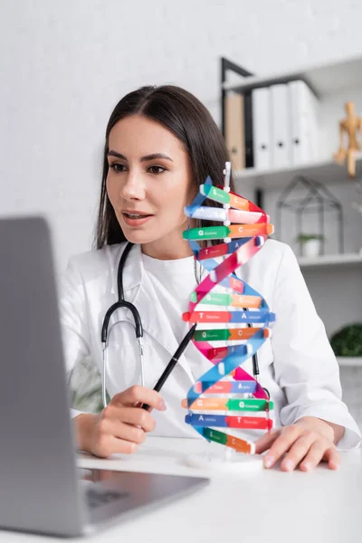 Arzt zeigt bei Videoanruf auf Laptop im Krankenhaus auf dna-Modell — Stockfoto