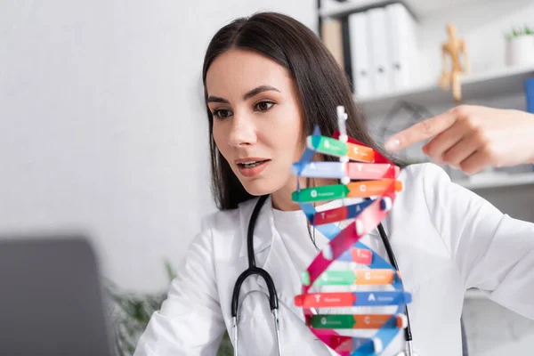 Brunette médecin pointant vers le modèle d'ADN flou pendant l'appel vidéo sur ordinateur portable dans la clinique — Photo de stock