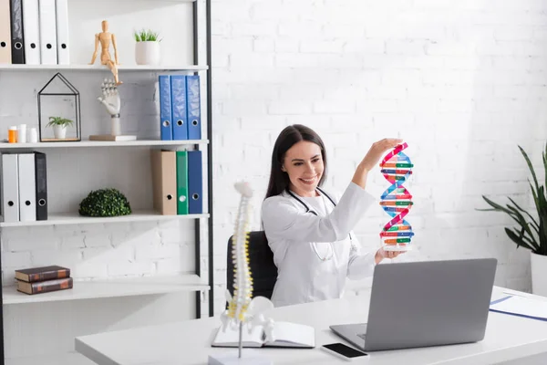 Cheerful doctor in white coat holding dna model during online consultation on laptop in clinic — Photo de stock