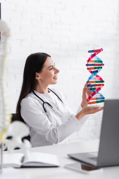 Side view of cheerful doctor holding dna model near blurred gadgets and notebook in clinic — Stock Photo