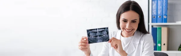 Happy doctor in white coat holding scan of teeth in clinic, banner — Photo de stock