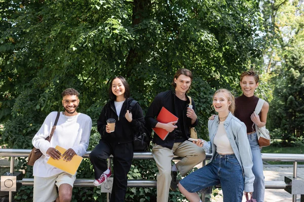 Estudiantes multiculturales con cuadernos y mochilas mirando la cámara en el parque - foto de stock