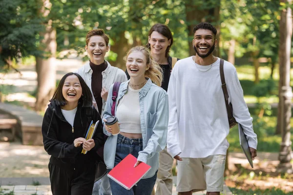 Feliz interracial estudiantes con cuadernos mirando a la cámara en el parque de verano - foto de stock