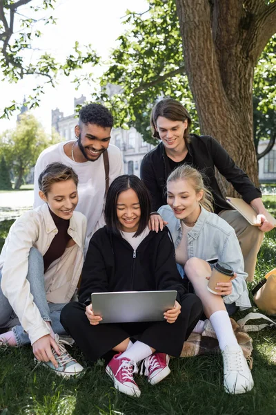 Cheerful interracial students looking at laptop on grass in park — Fotografia de Stock