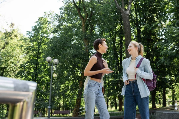Усміхнені студенти з рюкзаками розмовляють в літньому парку — стокове фото