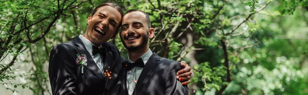 Щасливі гомосексуальні молодята в офіційному одязі біля іскриста в зеленому парку, банер — стокове фото