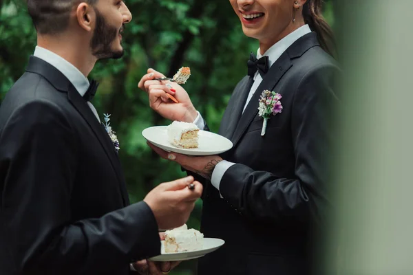 Recortado vista de feliz gay recién casados en formal desgaste celebración de pastel de boda - foto de stock