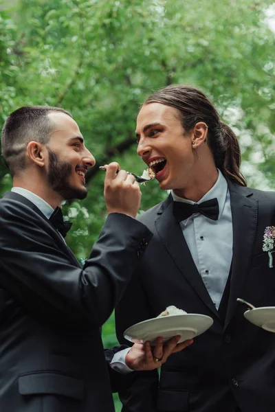 Бородатый веселый гей в формальной одежде кормящий мужа свадебным тортом — стоковое фото