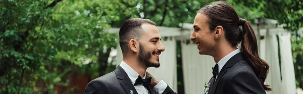 Side view of cheerful gay newlyweds in suits looking at each other, banner — Stock Photo