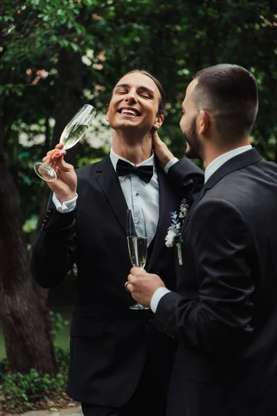 Позитивные новобрачные геи в костюмах, держащие бокалы с шампанским в день свадьбы — стоковое фото