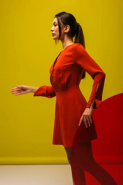 Side view of stylish young woman in red dress holding round shape glass on green — Photo de stock