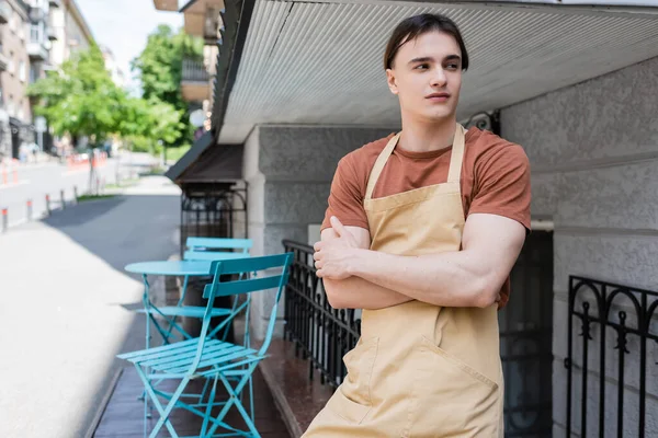 Young salesman in apron looking away on terrace of sweet shop — Stock Photo