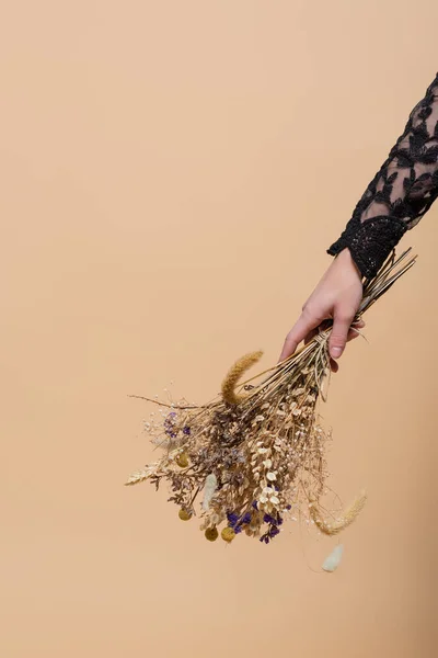 Cropped view of woman holding dry flowers isolated on beige — Stockfoto