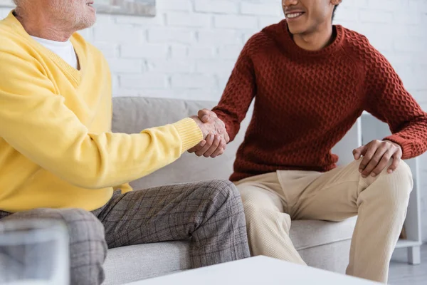 Cropped view of smiling interracial granddad and grandson shaking hands on couch at home — Stockfoto