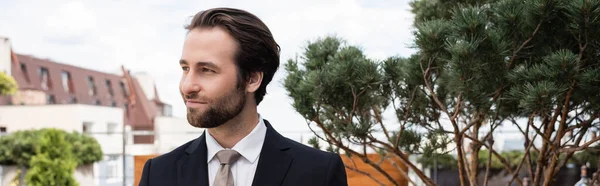 Young groom in formal wear looking away on terrace, banner — Stock Photo