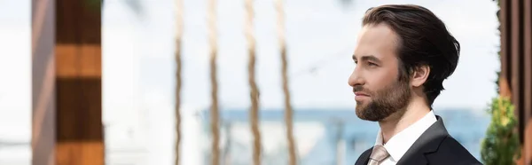 Side view of bearded groom looking away on terrace, banner — Foto stock