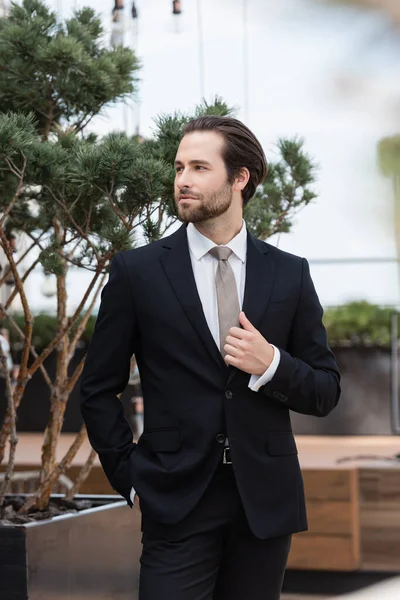 Fashionable groom in black suit holding hand in pocket and posing on terrace — Fotografia de Stock