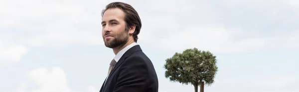 Brunette gloom in suit looking away outdoors, banner — Photo de stock