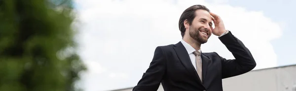 Low angle view of smiling groom touching hair on terrace, banner — Stock Photo