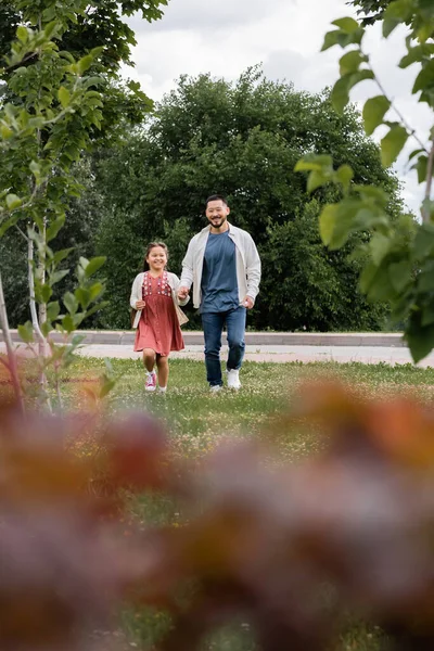 Positive asian father and daughter walking on grass in park - foto de stock
