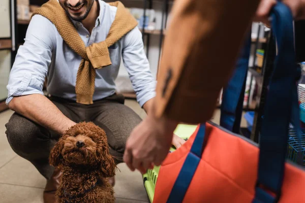 Cropped view of smiling man petting poodle near blurred girlfriend with bag in pet shop — Foto stock
