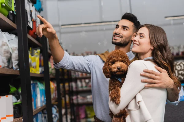 Arabian man pointing at showcase and hugging girlfriend with poodle in pet shop — Stock Photo