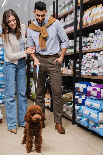 Smiling multiethnic couple looking at poodle in pet shop — Stock Photo