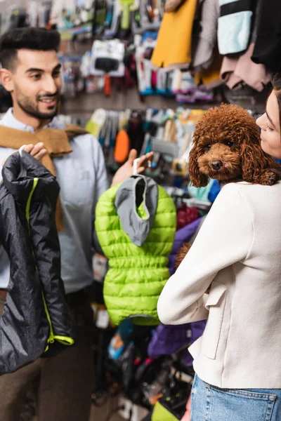 Woman holding brown poodle near blurred muslim boyfriend with animal jackets in pet shop — Foto stock