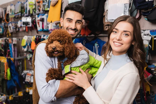 Smiling multiethnic couple wearing animal jacket on poodle and looking at camera in pet shop — Stockfoto