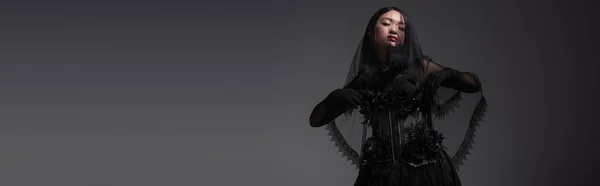 Young asian model in gothic outfit with black veil posing isolated on grey, banner — Stockfoto