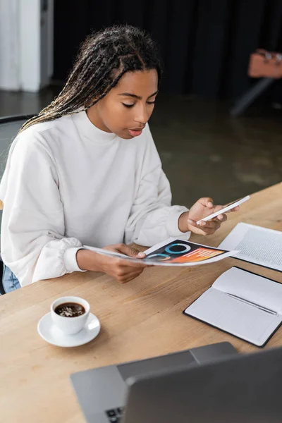 Empresária afro-americana usando smartphone e segurando papel com gráficos perto de café no escritório — Fotografia de Stock