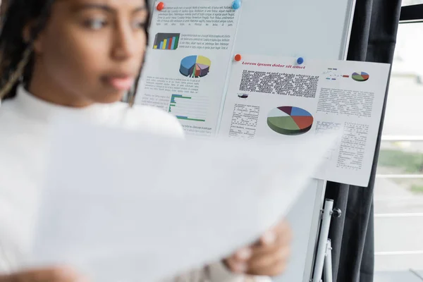 Papers on flip chart near blurred african american businesswoman in office — Stock Photo